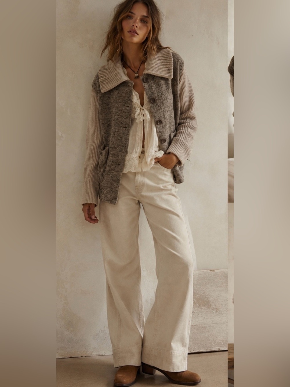 Neutral Toned Marled Knit Knit Button-Up Jacket with Shawl Collar